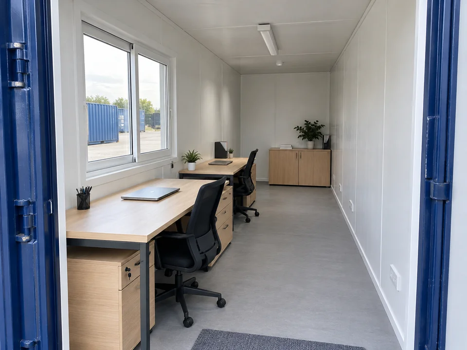 Bureau aménagé dans un container, éclairé par de grandes fenêtres.