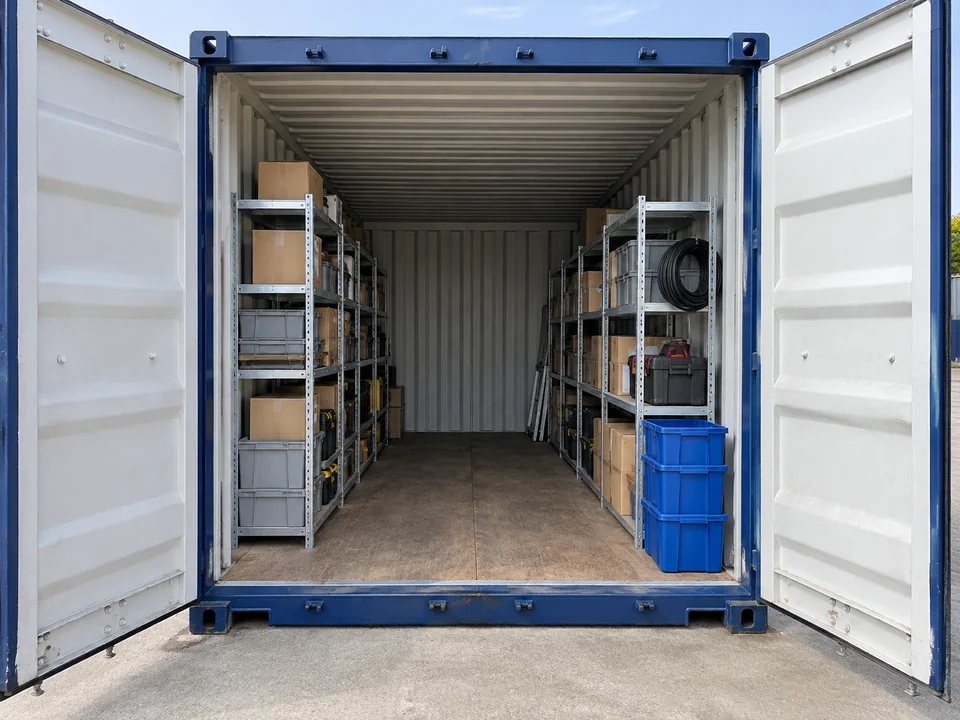 Intérieur d’un container de stockage avec des rayonnages et du matériel professionnel rangé.